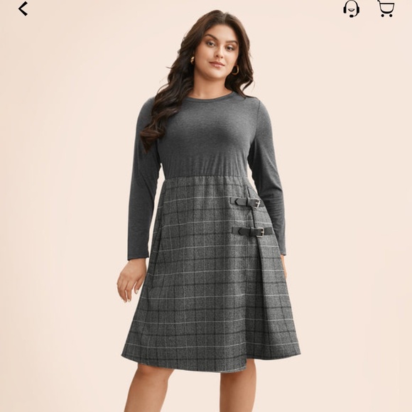 Bloomchic Brown and Black Plaid Patchwork Buckle Detail Pleated Dress - Picture 1 of 4